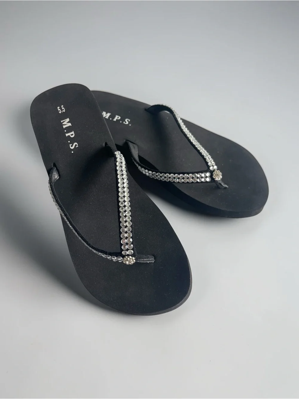 M.P.S. Size 5.5 Rhinestone Wedge Flip Flops Black Silver Y2K Sandals
